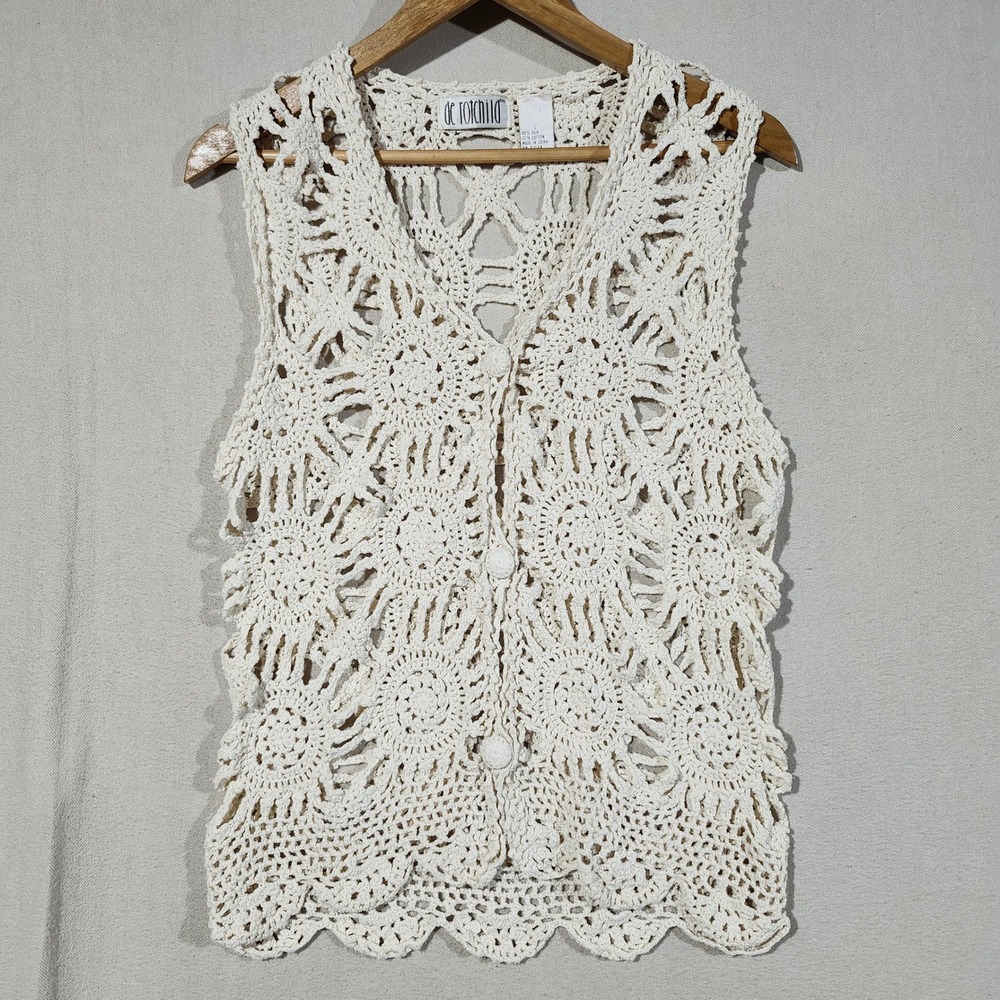 De Rotchild Womens Silk Cotton Crochet Button Vest Cream Medallion V-Neck Large